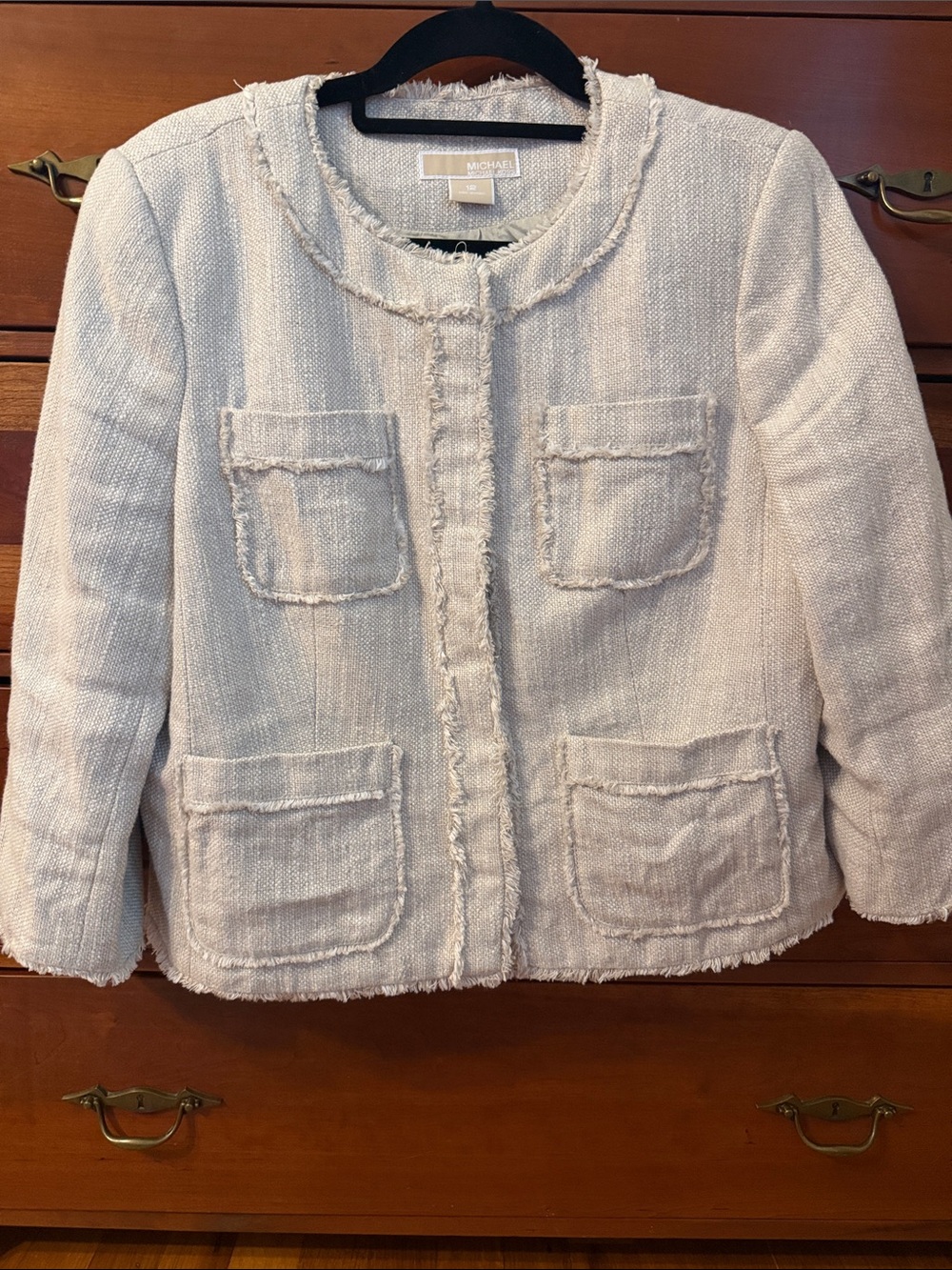 Michael Kors Cream Frayed Tweed Collarless Jacket